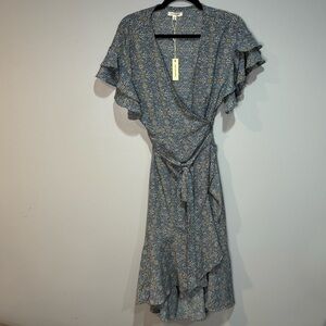 Max Studio Blue Floral Midi Wrap Tie Dress NWT